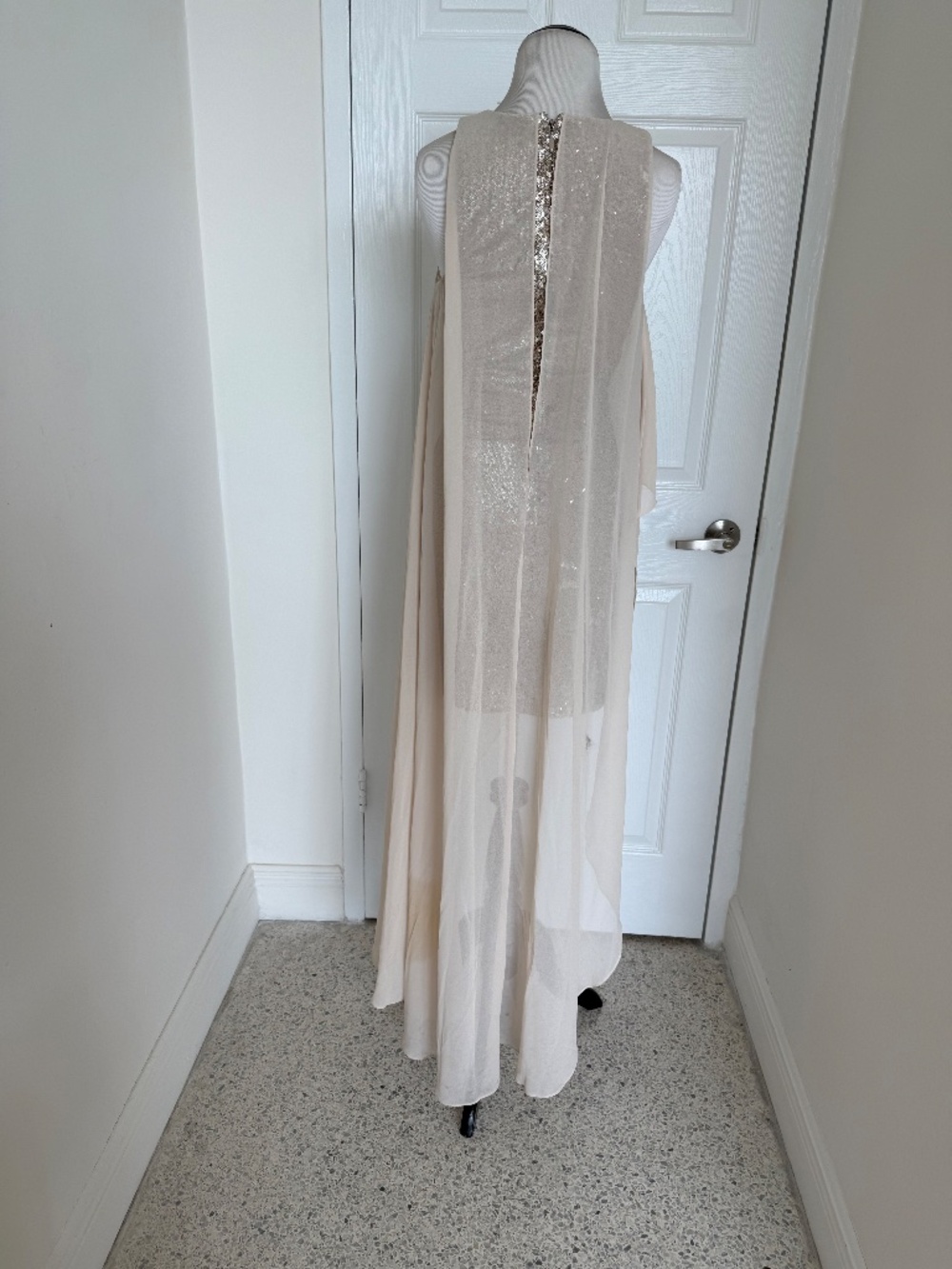BEBE Champagne Sequin Chiffon Overlay Dress Size Small Wedding Guest Cocktail Fo - Picture 6 of 9